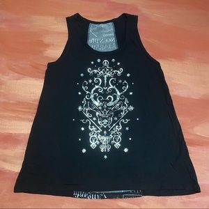 Black tank top with chrome deer in front and gray letters on the back